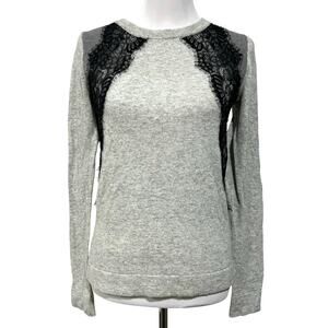 J.Crew Gray Wool Blend Black Lace Color block Crew Neck Sweater Women’s Sz Small